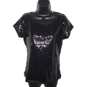 August Silk Knits black sequin top blouse size Medium